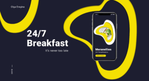 An artwork depicting the mobile app's home screen design with a short heading on a black background with yellow abstract lines