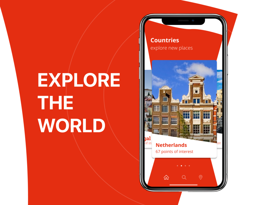 An artwork is showing a UI design of a mobile travel app inside iPhone X case and on red background next to it the words explore the world are written