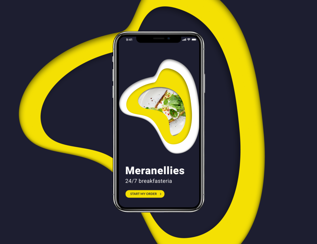 An artwork showing a home screen UI design of a food delivery app in an iPhone case on a black background