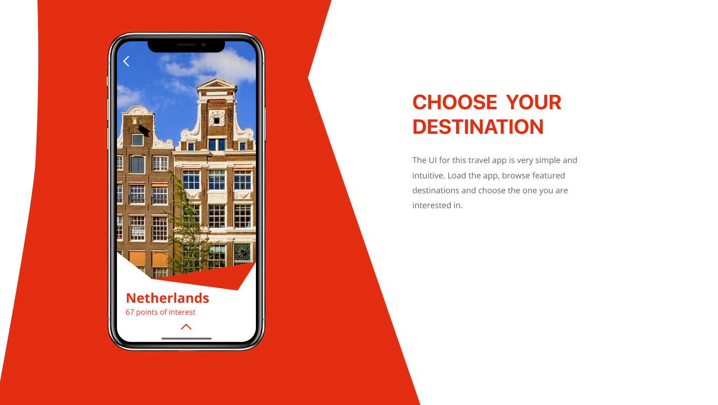 An image depicts one of the app's screens in iPhone X case and a heading choose your destination