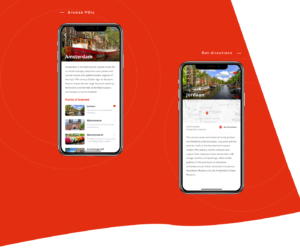An image showing two mobile phones with feed and detailed PoI description screen designs