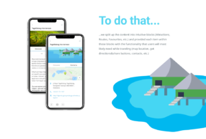 A bungalow illustration and two phones showing designs of PoI description screen