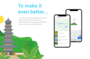 An illustration showing Bali temple and UI designs of the app's search and guide screens