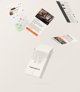 Artwork illustrating mobile app's screens such as map filters object description in the form of falling cards